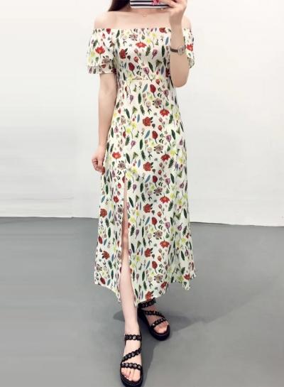Oasap Slash Neck Short Sleeve Print Dress