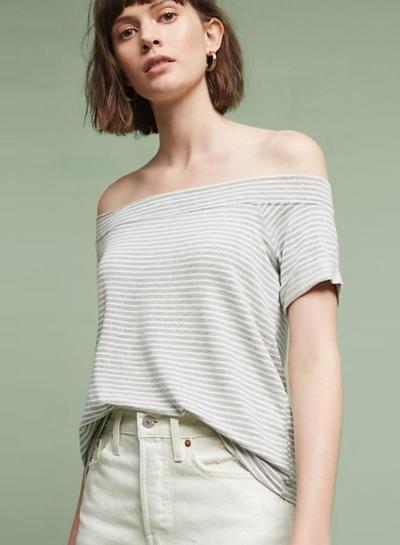 Oasap Off Shoulder Short Sleeve Striped Tee