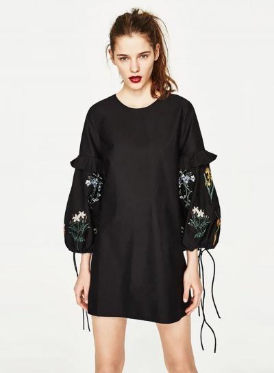 Oasap Fashion Floral Embroidery Lantern Sleeve Dress