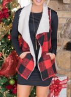 Oasap Turn Down Collar Plaid Lamb Wool Vest