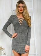 Oasap Hot V Neck Long Sleeve Lace Up Knit Bodycon Dress