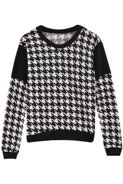 Oasap Modern Houndstooth Print Round Neck Sweatshirt
