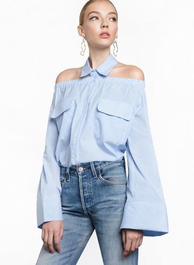 Oasap Turn Down Collar Striped Off Shoulder Long Sleeve Shirts