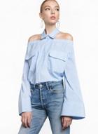 Oasap Turn Down Collar Striped Off Shoulder Long Sleeve Shirts