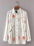 Oasap Vintage Long Sleeve Floral Embroidery Button Down Striped Shirt
