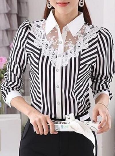 Oasap 3/4 Sleeve Lace Stripe Button Down Shirt