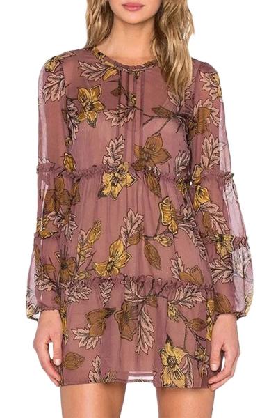 Oasap Women's Long Sleeve Ruffle Floral Print Boho Mini Dress