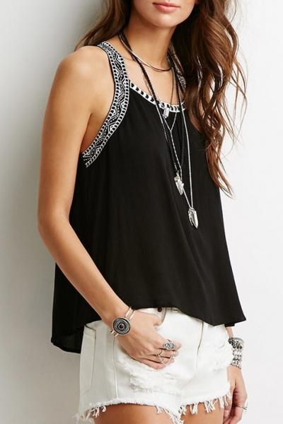 Oasap Casual Embroidery Decoration Loose Fit Tank Top
