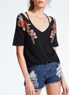 Oasap V Neck Short Sleeve Floral Embroidery Tee Shirt
