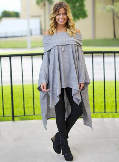 Oasap Solid Color Long Sleeve Off Shoulder Irregular Midi Dress