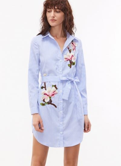 Oasap Stripe Long Sleeve Floral Embroidery Button Down Shirt With Belt