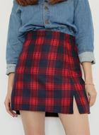 Oasap Fashion High Waist Slit Plaid Mini Skirt