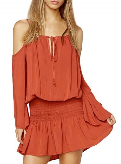 Oasap Women's Fahsion Solid Spaghetti Strap Off Shoulder Long Sleeve Dress