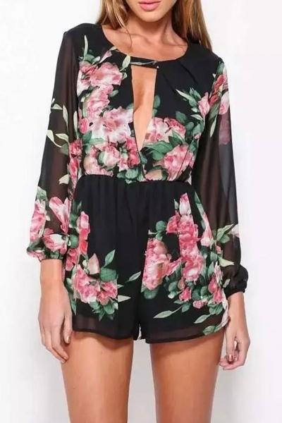 Oasap Floral Print Plunging Neck Romper