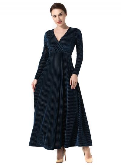 Oasap V Neck Long Sleeve Pleuche Long Prom Dress