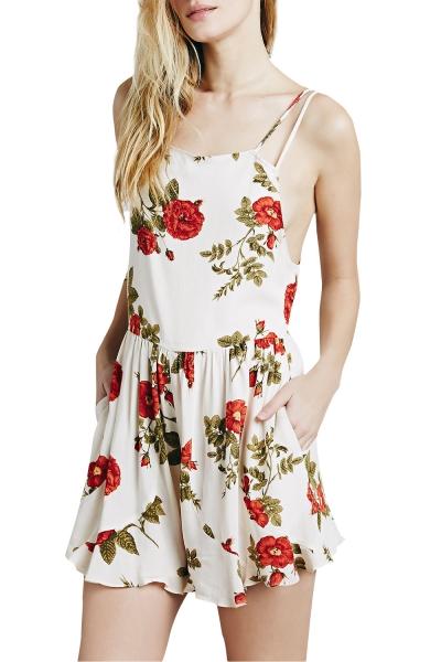 Oasap Women Floral Print Spaghetti Strap Backless Chiffon Romper