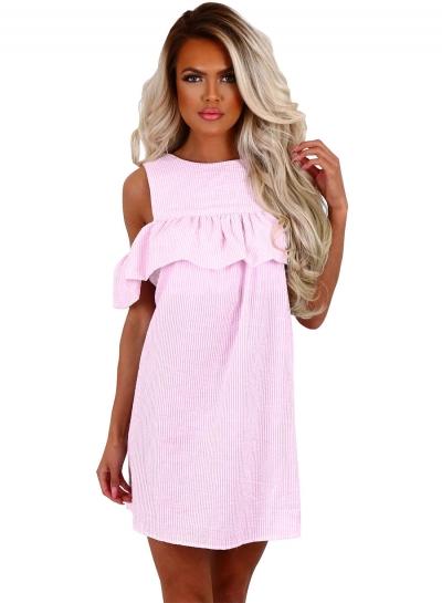 Oasap Casual Striped Off Shoulder Ruffle Dress