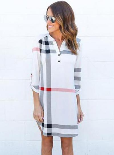 Oasap Casual V Neck Long Sleeve Plaid Shift Dress