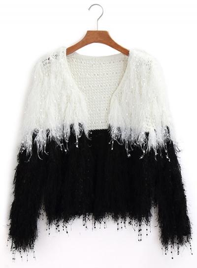 Oasap Fashion Color Block Open Front Cardigan With Tassel