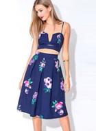 Oasap Floral Crop Top Midi Skirt 2 Piece Set
