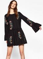 Oasap Fashion Floral Print Embroidered Pleated Flare Sleeve Dress