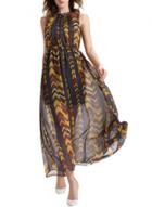 Oasap Women's Ruffle Neck Open Back Zigzag Print Maxi Dress
