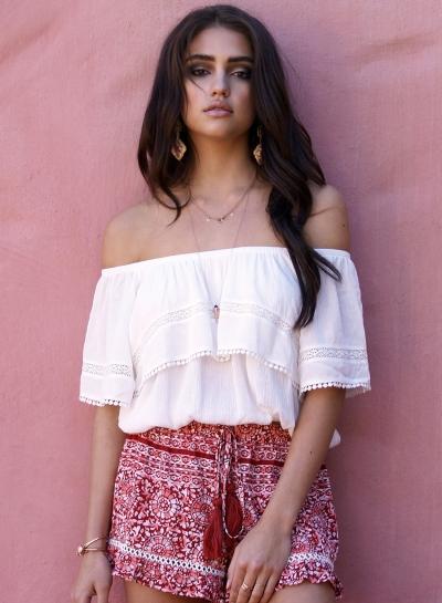 Oasap Off Shoulder Short Sleeve Ruffle Crop Top