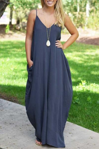 Oasap Fashion Spaghetti Strap On-seam Pocket Maxi Dress