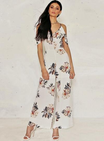 Oasap Off Shoulder Floral Printed Ruffle Wide-leg Jumpsuit