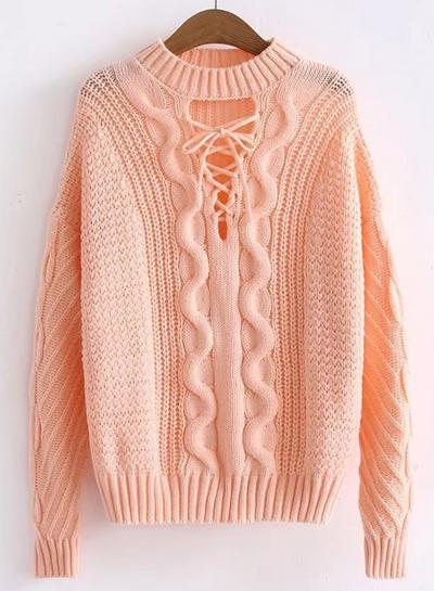 Oasap Round Neck Lace Up Hollow Out Solid Color Sweater