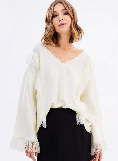 Oasap Solid Color V Neck Long Sleeve Loose Fit Fringe Sweater