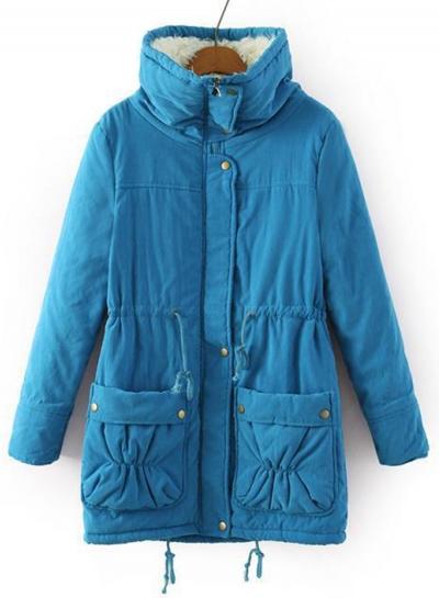 Oasap Hooded Long Sleeve Solid Color Collect Waist Cotton Padded Coat