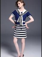 Oasap Navy Style Short Sleeve Two Piece Skirt Set