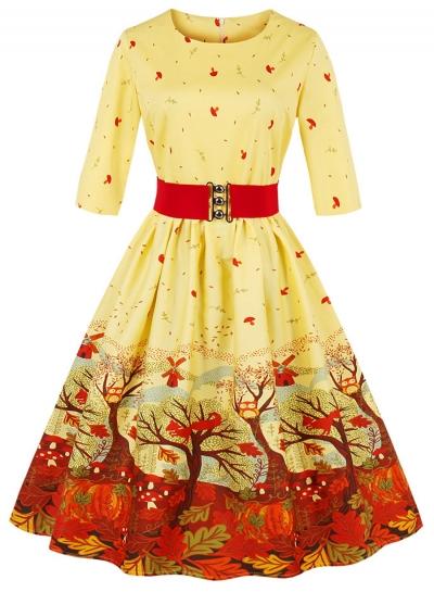 Oasap Round Neck Plus Size Half Sleeve Christmas Printed Dress