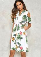 Oasap Turn-down Collar Off Shoulder Floral Print Button Down Dress