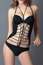 Oasap Black Lacing Beaded Halter Monokini
