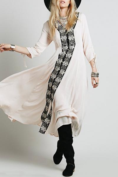 Oasap Chic Embroidery Paneled Maxi Dress