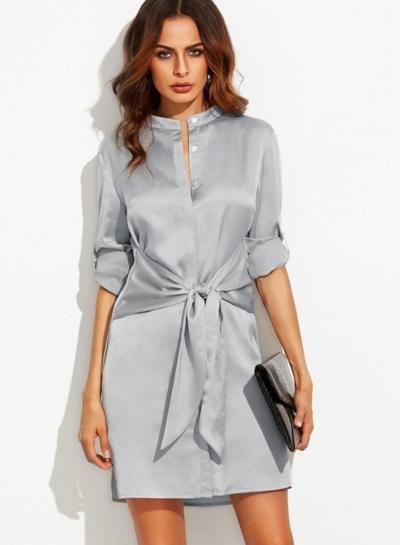 Oasap Roll Up Sleeve Tie Waist Dress