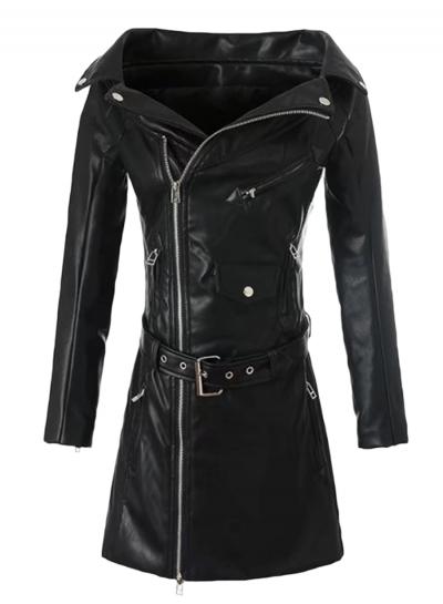 Oasap Slash Neck Long Sleeve Black Pu Leather Jacket
