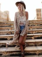 Oasap Hollow Out Open Front Knit Cardigan With Tassel