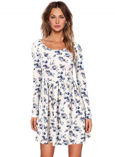 Oasap Fashion Long Sleeve Floral Mini Pleated Dress