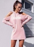 Oasap Off Shoulder Letter Print Hooded Dress