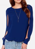 Oasap Solid Slit Long Sleeve Pullover Blouse