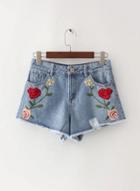 Oasap Rose Embroidery Ripped Denim Pants