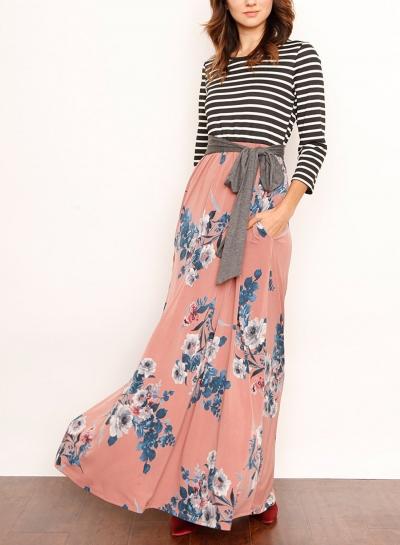 Oasap Round Neck Striped Sleeve Floral Print Maxi Dress