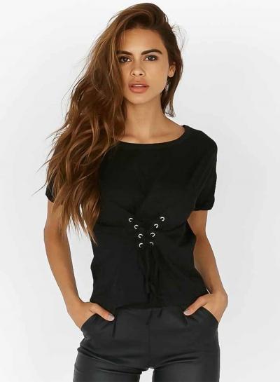 Oasap Fashion Short Sleeve Lace-up Solid Tee