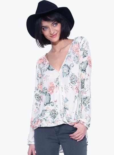 Oasap V Neck Floral Print Long Sleeve Blouse