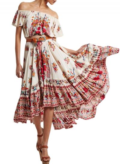 Oasap Women's Boho Slash Neck Off Shoulder Floral Print High Low Dress
