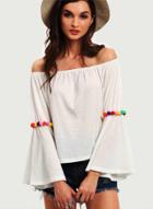Oasap Off Shoulder Flare Sleeve Tee With Pompon