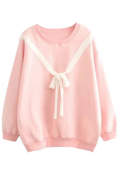 Oasap Sweet Self-tie Fleece Crew Neck Long Sleeve Sweatshirt